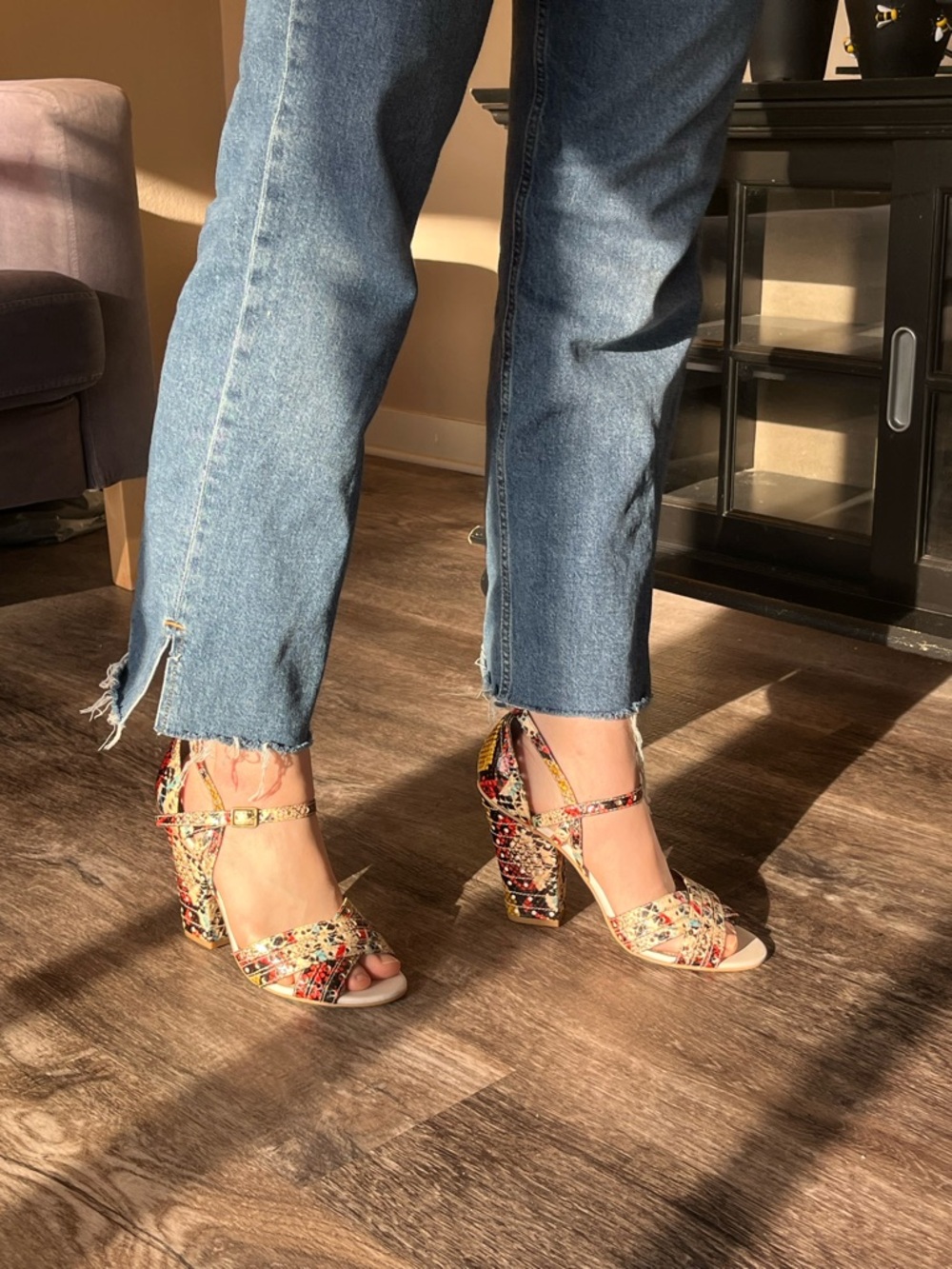 hinge Multicolor Patterned Block Heel Sandals